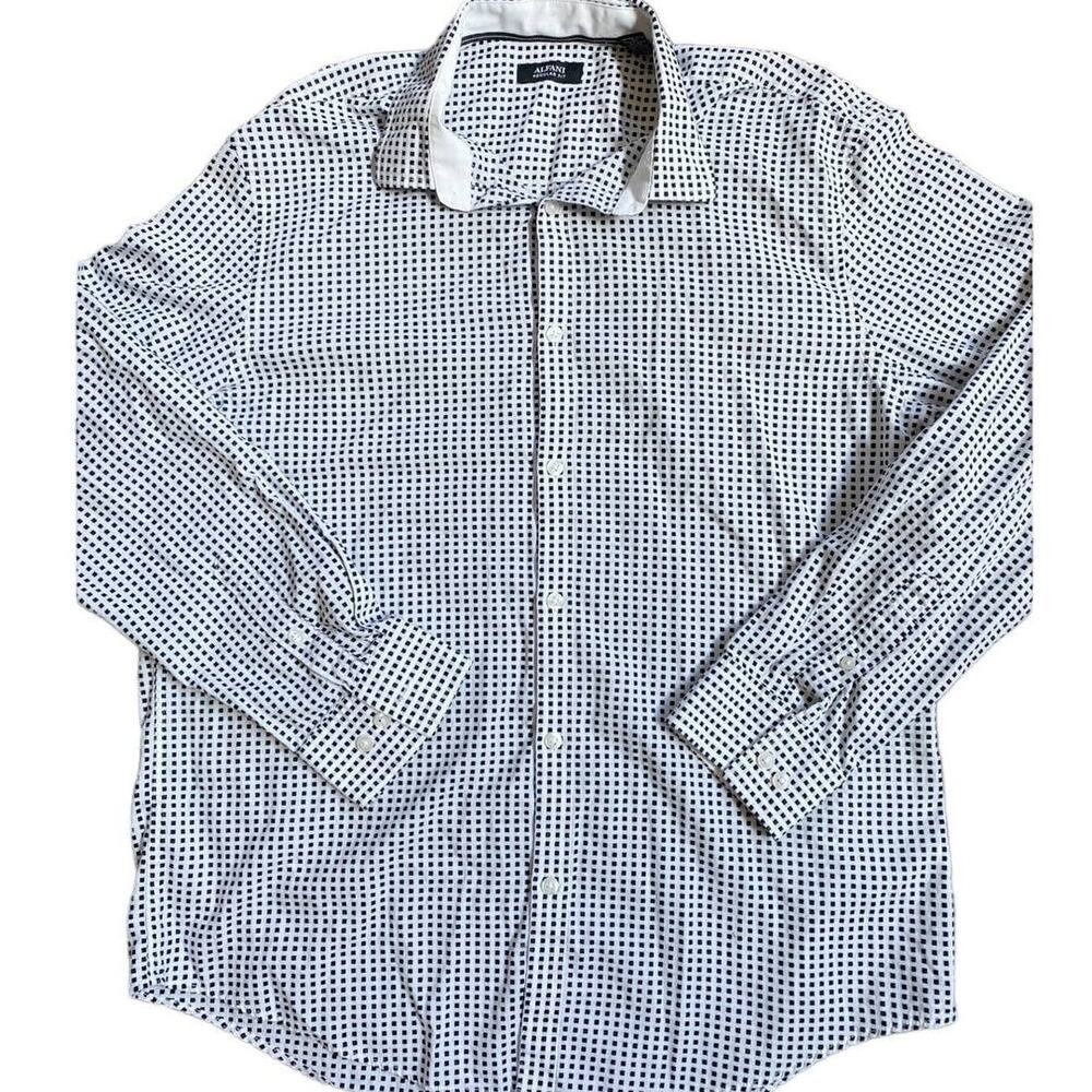 Alfani Men's White and Black Square Print Button Down Dress Shirt L EUC